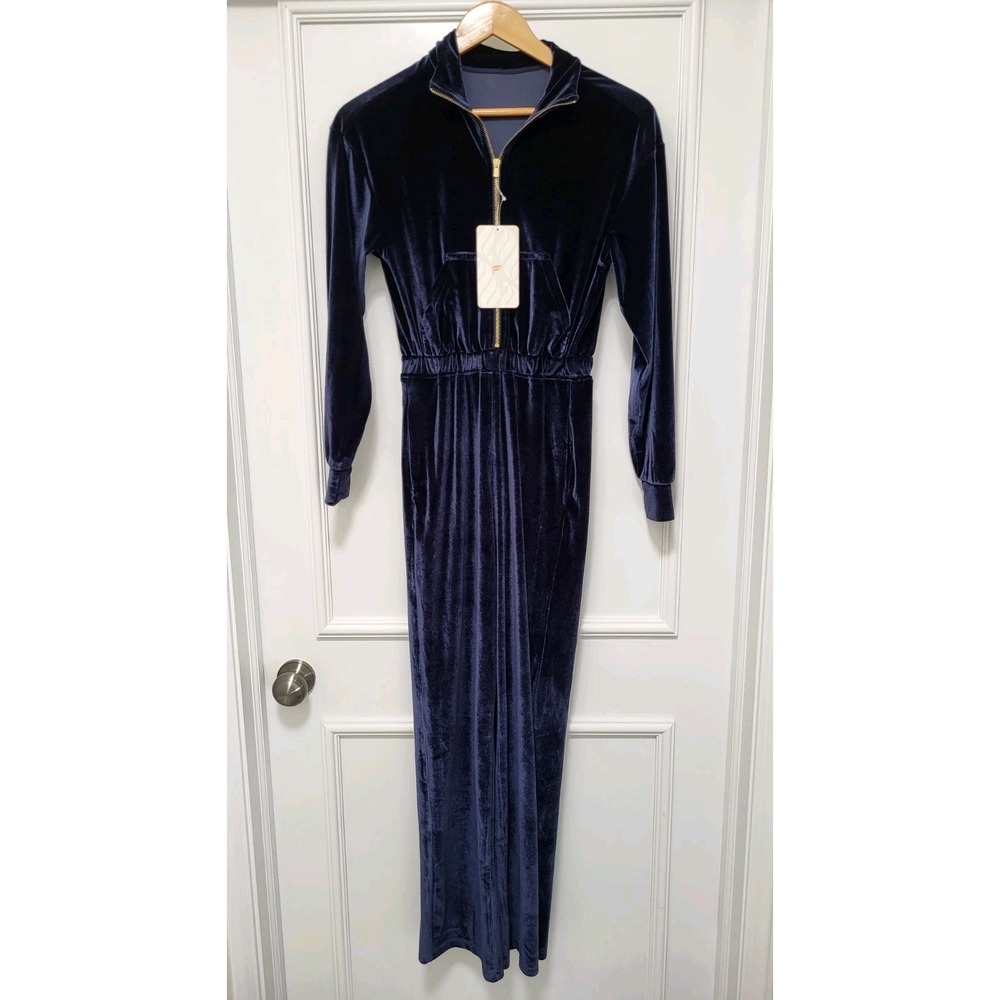 New Fabletics Blue Velour Zip Up Wide Leg Loungewear Athleisure Jumpsuit Sz 2